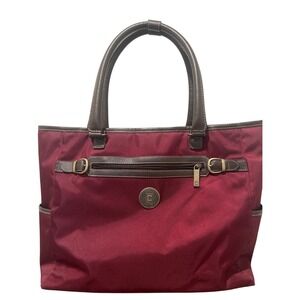 Chaps Burgundy Tote Weekend Travel Laptop Bag Nylon Brown Trim Gold Logo Women's